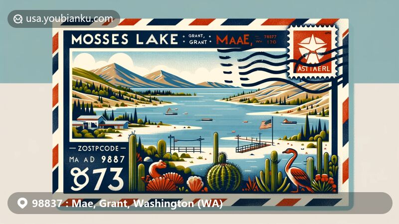 Modern illustration of Mae, Grant County, Washington, with ZIP code 98837, showcasing Moses Lake and vibrant shoreline. Features postcard theme with airmail envelope border, including stamp with Washington state flag and postmark 'Moses Lake, WA 98837', and local fauna or landscapes.
