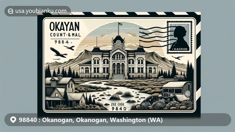 Modern illustration of Okanogan, Washington, depicting vintage air mail envelope with Okanogan County Courthouse, symbols of natural beauty, and Okanogan River, set against a backdrop of north-central Washington's unique terrain.
