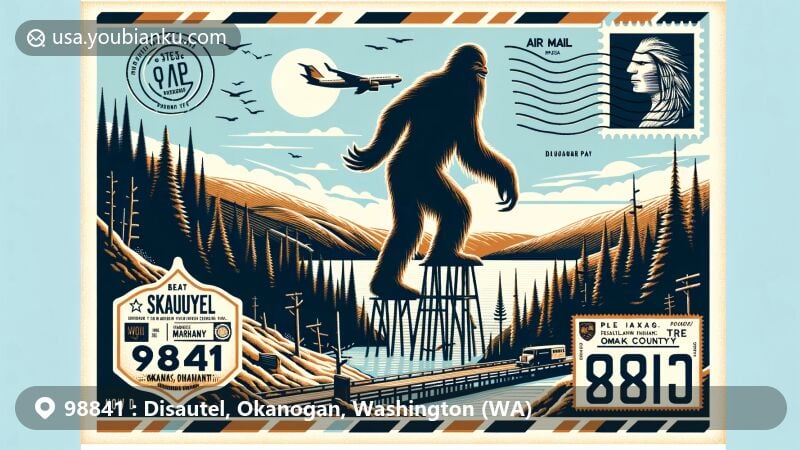 Modern illustration of Disautel, Okanogan, Washington, showcasing postal theme with ZIP code 98841, featuring iconic Sasquatch sculpture at Disautel Pass and historic logging town backdrop.
