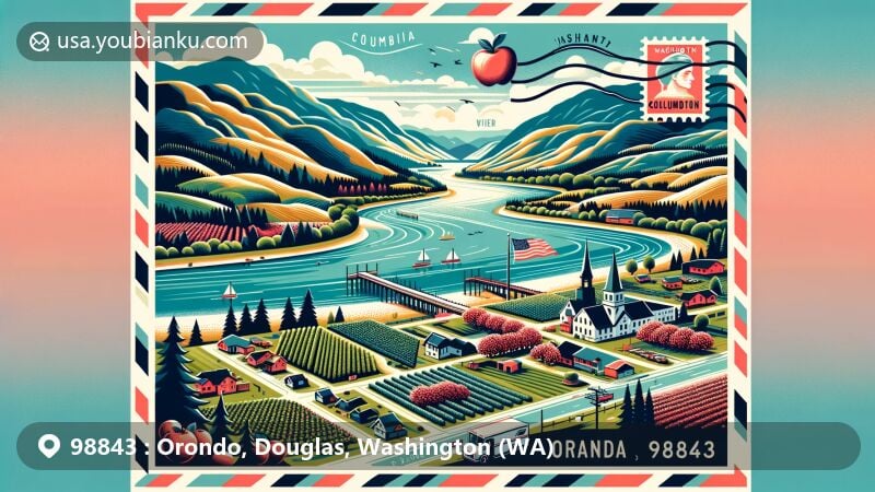 Modern illustration of Orondo, Washington, Douglas County, showcasing serene landscapes along the Columbia River, orchards symbolizing the agricultural industry, Daroga State Park's recreational opportunities, and a community gathering vibe.