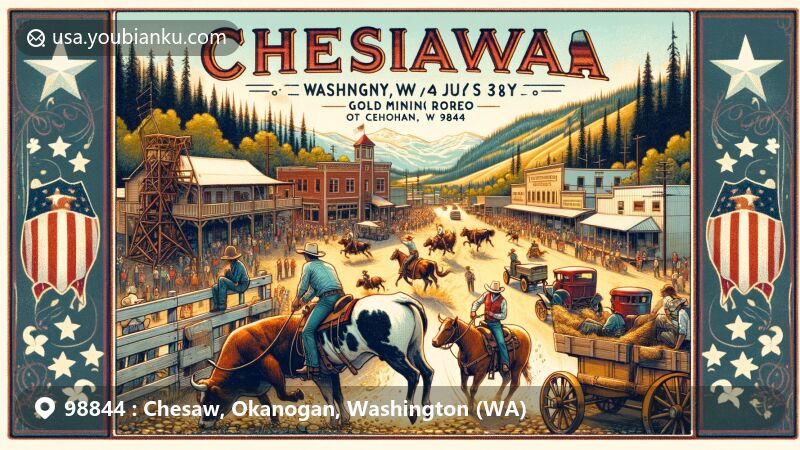 Vintage-style postcard illustration of Chesaw, Okanogan, WA (ZIP code 98844), highlighting gold mining history and annual 4th of July Rodeo, with rodeo scene and festive parade ambiance in the foreground. Background integrates elements of town's mining past. Modern style with 'Chesaw, WA 98844' text.