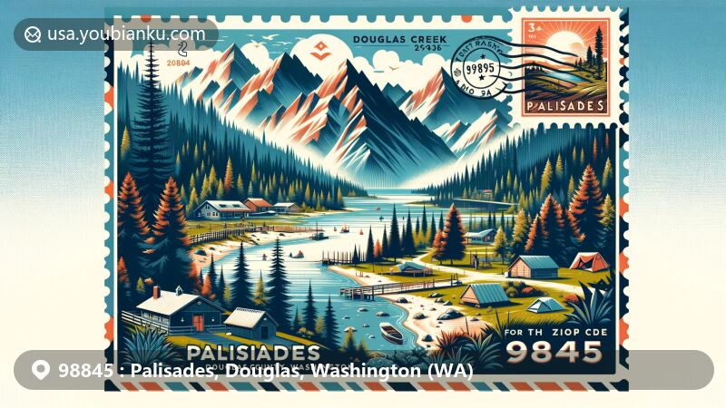 Modern illustration of Palisades, Douglas County, Washington, featuring ZIP code 98845, showcasing scenic mountain views, pristine forests, and Douglas Creek, with subtle integrations of outdoor activities like hiking and camping.
