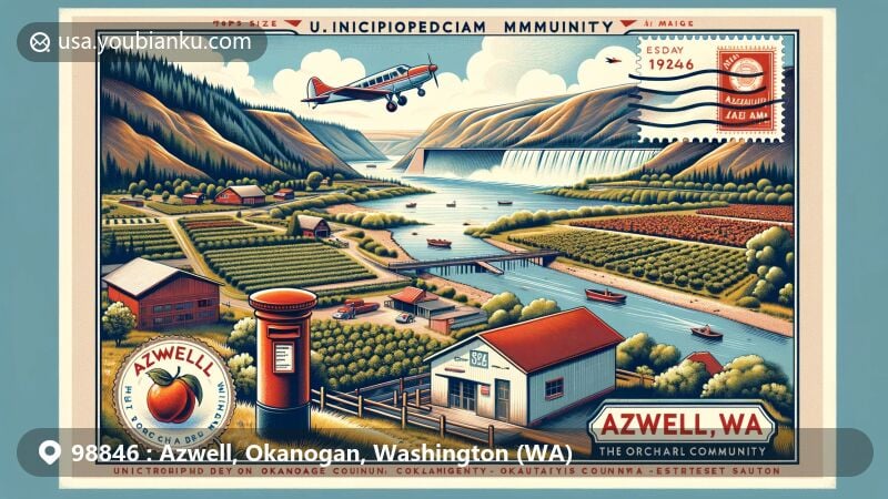 Vintage-style illustration of Azwell, Washington, Okanogan County, featuring Wells Dam and Columbia River, surrounded by apple and peach orchards, with iconic postal elements like air mail symbol and postbox, showcasing ZIP code 98846.