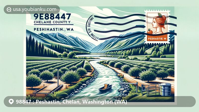 Modern illustration of Peshastin, Chelan County, Washington, with Wenatchee River and orchards, showcasing town's agricultural heritage, Peshastin Ditch, and postal theme with ZIP code 98847.