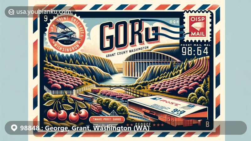Modern illustration of George in Grant County, Washington, with ZIP code 98848, featuring Gorge Amphitheatre and cherry orchards.