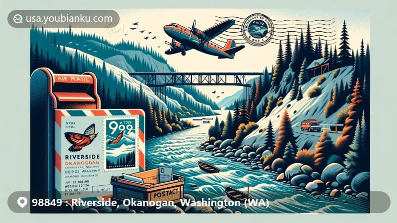 Modern illustration of Riverside, Okanogan County, Washington, highlighting postal theme with ZIP code 98849, featuring the Okanogan River, forested regions, and local fauna.