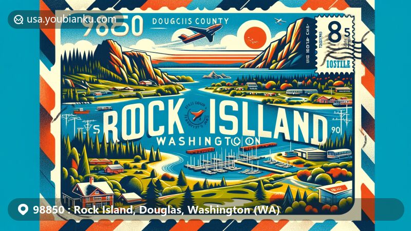 Modern illustration of Rock Island, Douglas County, Washington, capturing ZIP code 98850, featuring natural beauty and geographical elements, reflecting Wenatchee–East Wenatchee Metropolitan Statistical Area.
