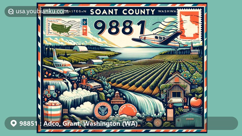 Modern illustration of Soap Lake, Grant County, Washington, showcasing agricultural heritage with orchards and fields, incorporating Washington state flag, a map outline of Grant County, and landmarks of Soap Lake, featuring postal elements like stamp, postmark, and ZIP Code 98851.