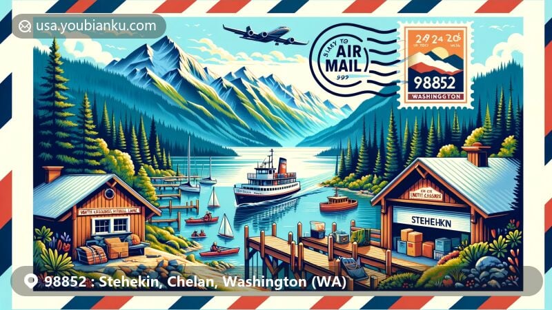 Modern illustration of Stehekin, Chelan County, Washington, featuring scenic beauty with North Cascades National Park and Lake Chelan. Includes 'Lady of the Lake' ferry, hiking, kayaking, postal theme with ZIP code 98852, and mountain-inspired postal stamp.