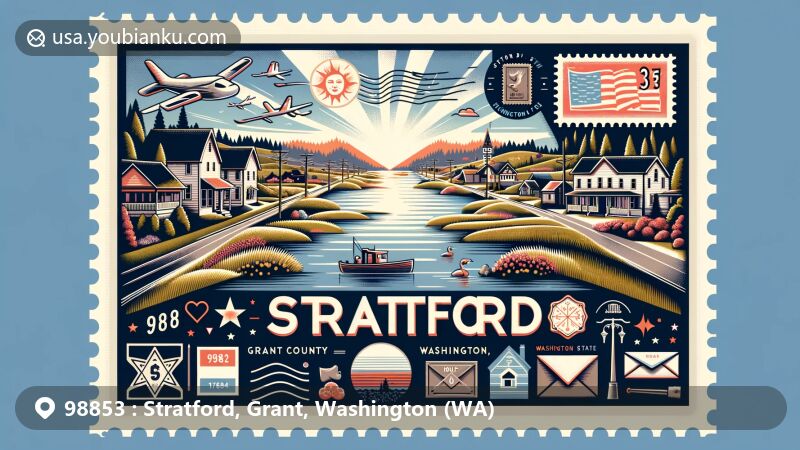 Modern illustration of Stratford, Grant County, Washington, showcasing rural landscapes and nearby Soap Lake, with vintage postcard elements and ZIP code 98853.