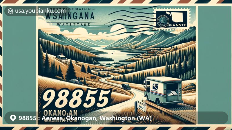 Modern illustration of Aeneas Valley, Okanogan County, Washington, featuring a vintage air mail envelope with a view of mountains, forests, and a mail truck on a winding road, highlighting ZIP code 98855 and the names 'Aeneas, Okanogan, Washington'.