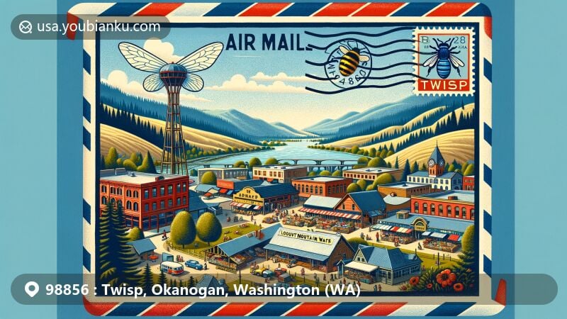 Modern illustration of Twisp, Washington, in the 98856 ZIP code area, featuring vibrant community market, rolling hills, Twisp and Methow rivers confluence, Lookout Mountain fire tower, vintage air mail aesthetic with 'Twisp, WA 98856' postmark and stylized bee postage stamp.