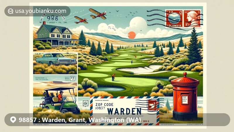 Modern illustration depicting Warden, Washington, featuring Sage Hills Golf & RV Resort and postal theme with ZIP code 98857, showcasing Columbia Basin's lush landscapes and agricultural prosperity.