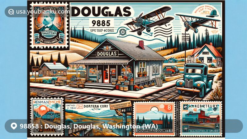 Modern illustration of Douglas, Douglas County, Washington, inspired by ZIP Code 98858, incorporating a postal theme with a general store, Northern Railway's Mansfield spur line, air mail envelope, local landmark stamps, postmark, and vintage mail transportation.