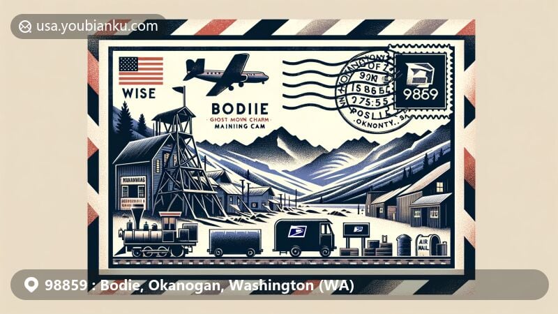Modern illustration of Bodie, Washington, blending ghost town allure with postal elements, showcasing remnants of mining camp, state symbols, and postal icons in Okanogan County.