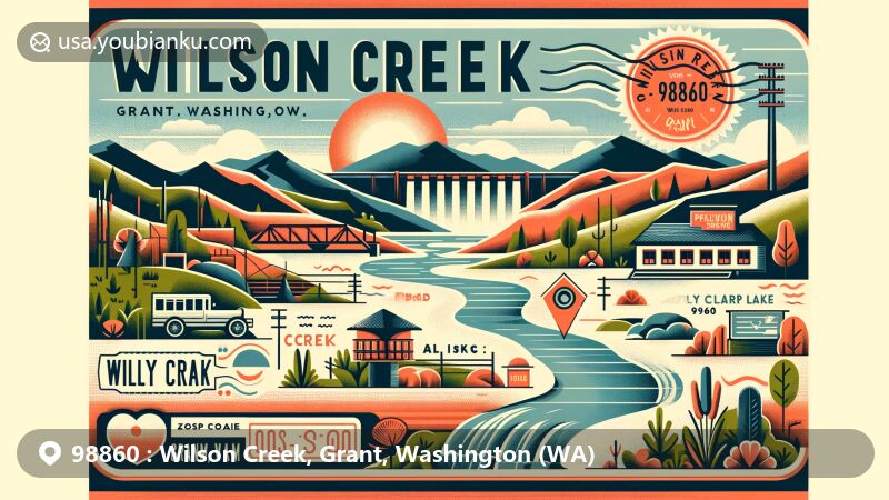 Modern illustration of Wilson Creek, Grant, Washington (WA), featuring unique geography and historical background, showcasing ZIP code 98860, with Pinto Dam silhouette and native vegetation, highlighting town's connection to Columbia Basin Project.