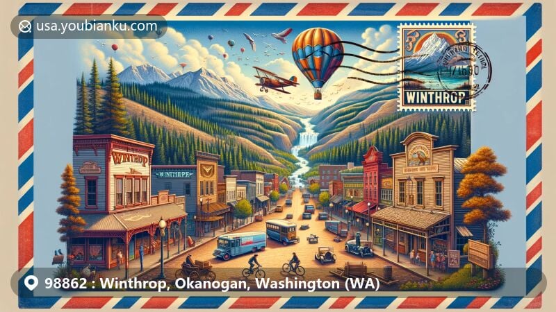 Modern illustration of Winthrop, Washington, showcasing Old West theme and outdoor activities, featuring iconic main street with wooden buildings and Western murals, Winthrop Balloon Roundup, Methow Valley panoramic views, North Cascades, Okanogan National Forest, and communication symbols.