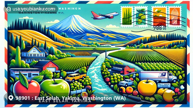 Modern illustration of East Selah, Yakima, Washington, showcasing postal theme with ZIP code 98901, featuring Yakima River, agricultural landscape, and Washington state symbols.