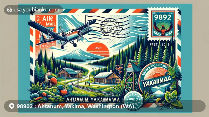Modern illustration of Ahtanum area in Yakima, Washington, with postal theme and ZIP code 98902, featuring vintage air mail elements and iconic landscapes.