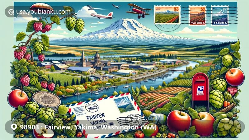 Modern illustration of Fairview, Yakima, Washington, highlighting agricultural heritage with apples and hops, featuring Yakima Valley's landscape and Mount Rainier, and showcasing postal theme with vintage air mail elements and ZIP code 98903.