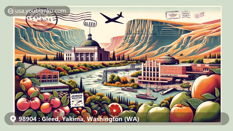 Modern illustration of Gleed, Yakima, Washington, showcasing Yakima River Canyon's stunning scenery and local wildlife, Johnson Orchards with fruits, Capitol Theater's architecture, and Yakama Nation Cultural Center's heritage, with postal motifs like stamps and ZIP code 98904.