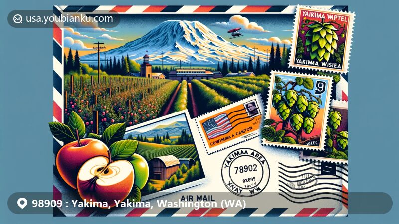 Vibrant illustration of Yakima, Washington, featuring Mount Rainier in the background, apple orchards, hop fields, vintage air mail envelope with postcard of Cowiche Canyon Trails, and postal stamp showcasing Yakima Area Arboretum.