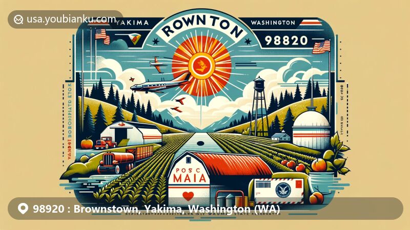 Modern illustration of Brownstown, Yakima County, Washington, with postal theme showcasing ZIP code 98920, featuring agricultural community, Washington state flag, and vintage postal elements, set within Yakama Nation Reservation.