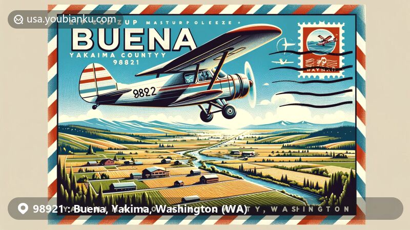 Modern illustration of Buena, Yakima County, Washington, with scenic landscape and aviation-themed postcard design showcasing ZIP code 98921 and postal elements.