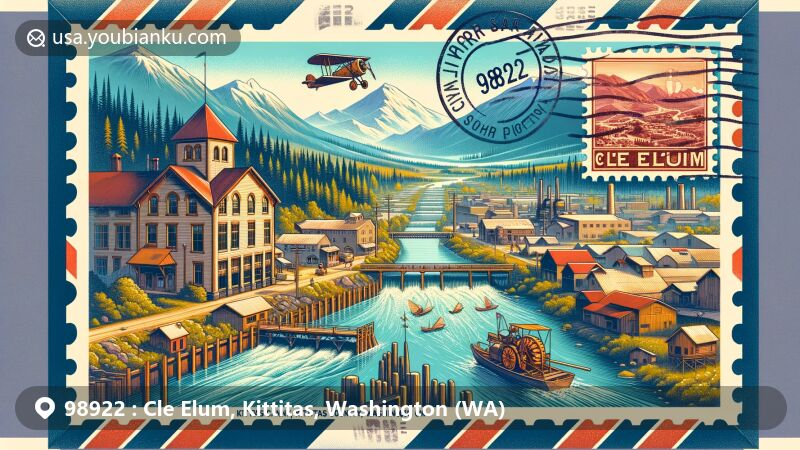 Modern illustration of Cle Elum, Kittitas County, Washington, showcasing postal theme with ZIP code 98922, featuring historical sawmills, Cle Elum River, Cascade Mountains, and vintage air mail envelope.