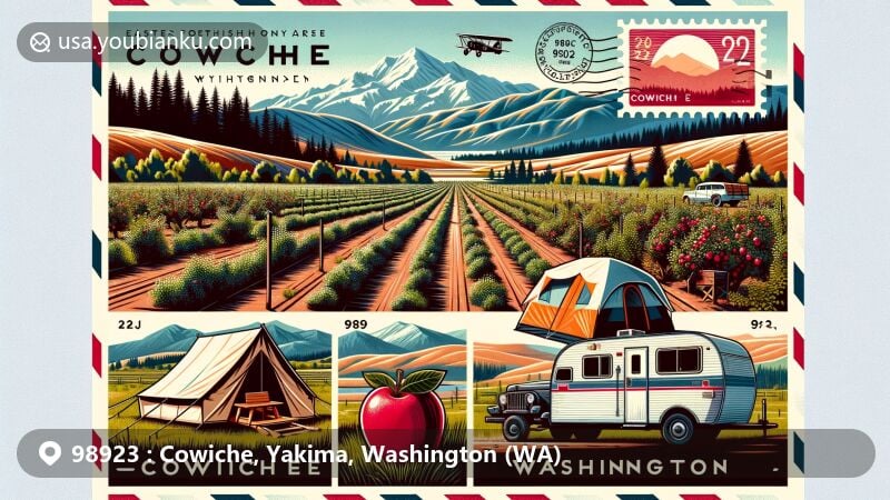 Modern illustration of Cowiche, Washington, showcasing the Cascade Mountain range, apple orchard, Camp Cowiche safari tent, and vintage camper, with postal theme and ZIP code 98923.