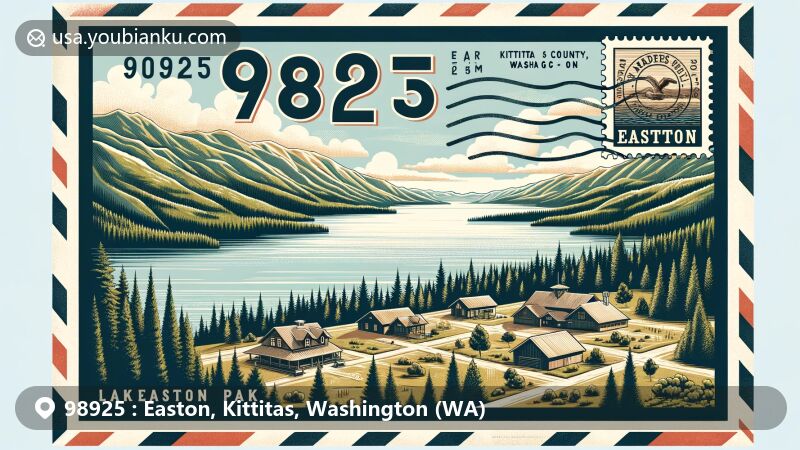 Modern illustration of Easton, Kittitas County, Washington, showcasing Lake Easton State Park, the Yakima River valley, and historical significance near the Stampede Tunnel. Presented in a vintage-style postcard with postal elements and ZIP code 98925.