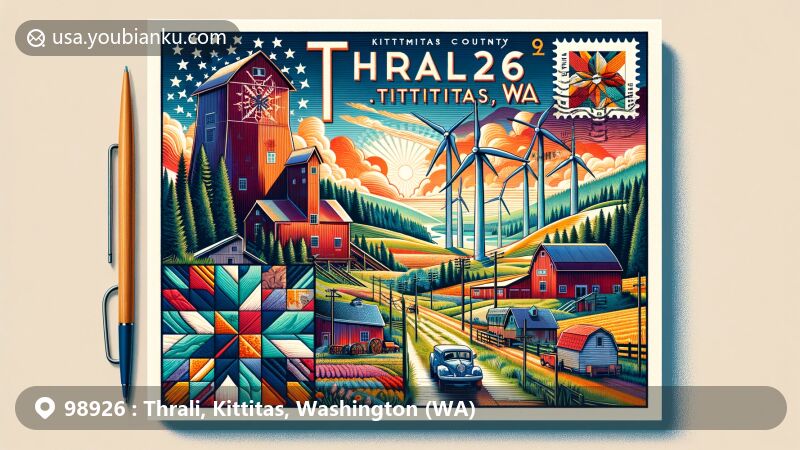 Modern illustration of Thrali, Kittitas County, Washington, featuring ZIP code 98926, showcasing Coal Mines Trail, Olmstead Place State Park scenes, wind turbines, and Kittitas County landscapes, with Washington state flag and barn quilt pattern stamp.