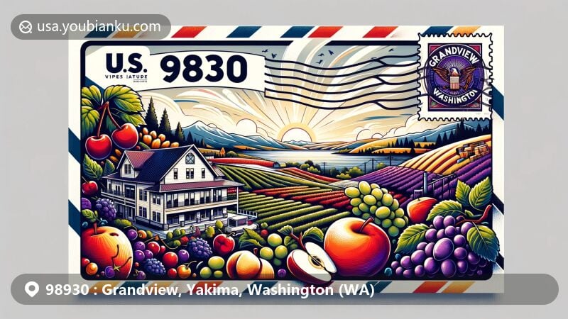 Modern illustration for Grandview, Washington, ZIP code 98930, featuring stylized postcard design with agricultural elements like apples, cherries, grapes, hops, and dairy products, showcasing local produce and Cozy Rose Inn against Yakima Valley backdrop.