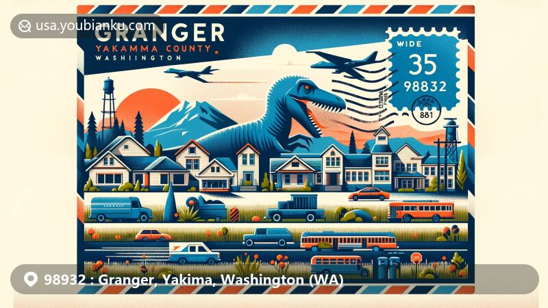 Modern illustration of Granger, Washington, depicting ZIP code 98932 with a postcard or air mail theme, showcasing Hispanic community demographics, family-oriented lifestyle, and lower-middle-class socioeconomic status.