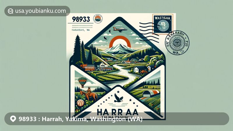 Modern illustration of Harrah, Yakima County, Washington, highlighting ZIP code 98933 with lush green landscapes, Yakama Indian Reservation symbols, and harmonious cultural blend, set in a postal-themed design.