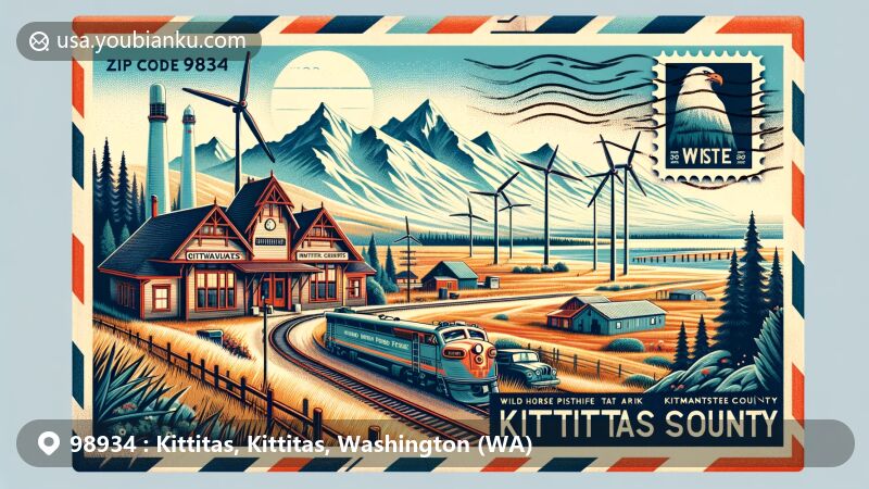 Modern illustration of Kittitas, Kittitas County, Washington, depicting vintage air mail envelope with ZIP code 98934, highlighting iconic Milwaukee Road Depot, Wild Horse Wind Farm turbines, Rainier, Adams, and Hood peaks, and John Wayne Pioneer Trail.