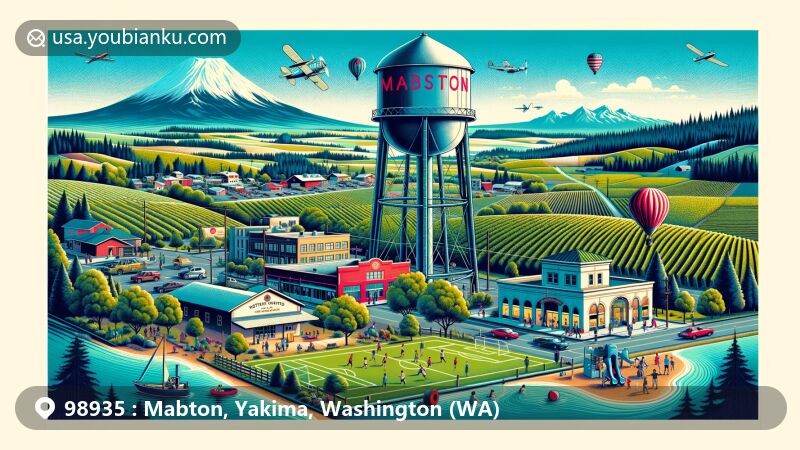 Modern illustration of Mabton, Washington, showcasing agricultural heritage, rural life, iconic water tower, parks like Feezell Park and Artz-Fox Elementary School park, grants from Bill and Melinda Gates Foundation, Yakima Valley's fertile landscapes, and modern postal elements with ZIP code 98935.
