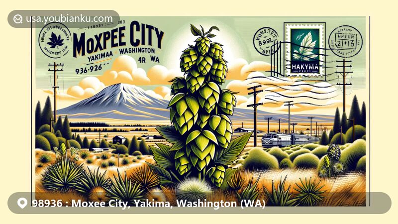 Modern illustration of Moxee City, Yakima, Washington (WA), showcasing the 'Hop Capital of the World' status with a vibrant hop plant, semi-arid climate elements, and a creatively designed postcard featuring the ZIP code 98936 and a hop motif postal stamp.