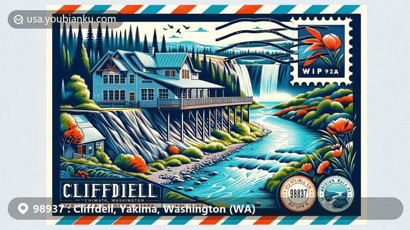 Modern illustration of Cliffdell, Yakima County, Washington, featuring Whistlin' Jack's Outpost & Lodge, Naches River, and Horsetail Falls in a postal-themed design with ZIP code 98937.