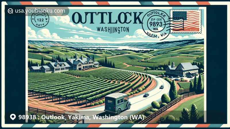 Modern illustration of Outlook, Washington, showcasing vineyards, Dichotomy Vineyards, and Bosma Estate Winery in ZIP code 98938, with vintage postal elements.