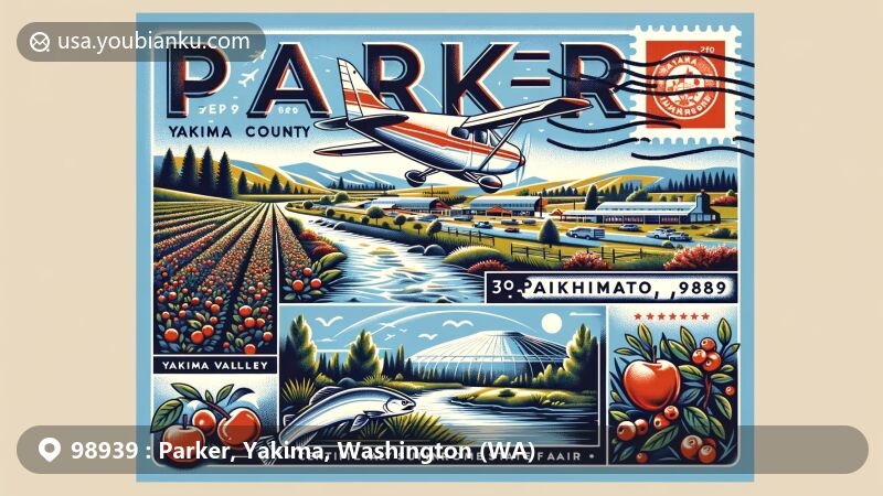 Modern illustration of Parker, Yakima County, Washington, with postal theme and ZIP code 98939, featuring Yakima Valley orchards, Steelhead trout, Yakima Valley SunDome & Central Washington State Fair, and Pacific rhododendron.