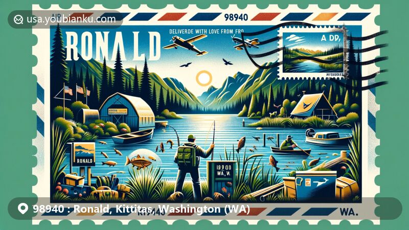 Modern illustration of Ronald area, Kittitas County, Washington, showcasing outdoor activities and community spirit, featuring Cle Elum Lake and surrounding mountains in lush, green setting.