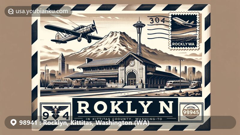 Vintage aviation-themed envelope featuring ZIP code 98941 in Rocklyn, Kittitas County, Washington, with modern illustration of Kittitas Depot and Mount St. Helens.