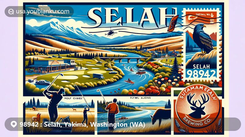 Modern illustration of Selah, Yakima County, Washington, featuring iconic local activities and landmarks like golfing, fly fishing, and Outskirts Brewing Co., with a postal theme showcasing a postage stamp of Selah cityscape and postal mark 'Selah, WA 98942'.