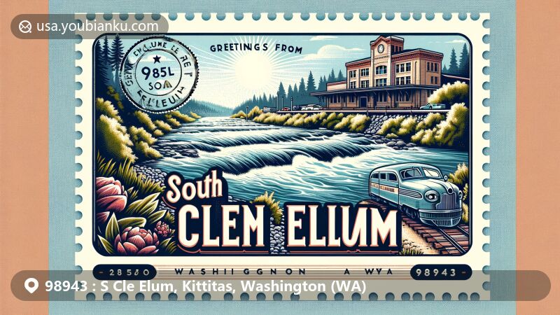 Modern illustration of South Cle Elum, Kittitas County, Washington, featuring a postcard design with Cle Elum River and Milwaukee Road depot, vintage post stamp with Washington State outline, and 'Greetings from South Cle Elum, WA 98943' text.