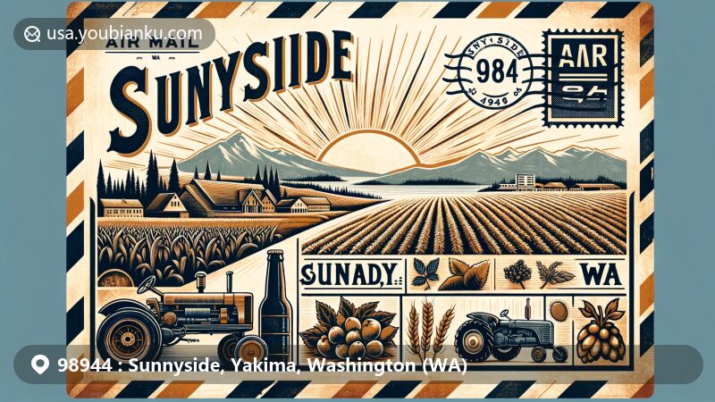 Modern illustration of Sunnyside, Washington, in Yakima County, showcasing historical, agricultural, and cultural elements of the area on a vintage air mail envelope, highlighting iconic landmarks, local brewing scene, lighted farm implement parade, and Cinco de Mayo festival.