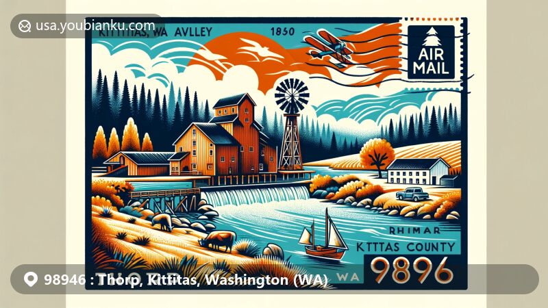 Vibrant illustration of Thorp, Kittitas County, Washington, highlighting ZIP Code 98946, featuring historical Thorp Grist Mill, Yakima River, and Kittitas Valley scenery.