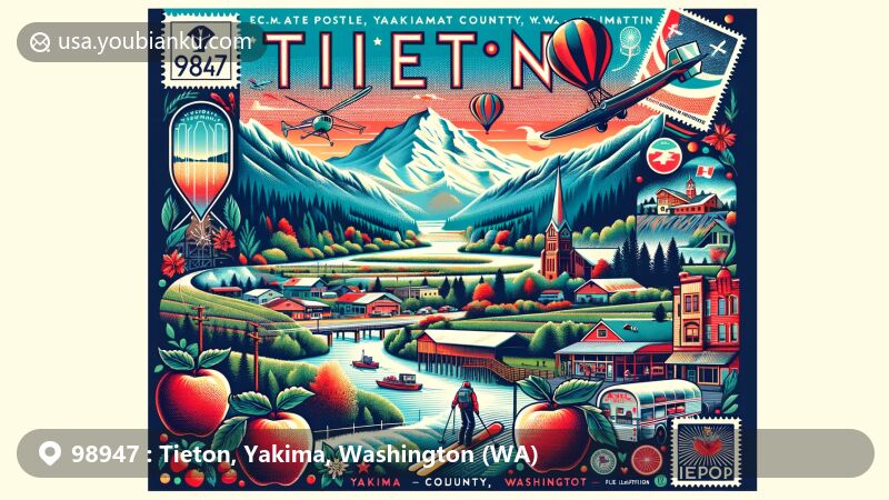 Modern illustration of Tieton, Yakima County, Washington, blending natural beauty, culture, and postal elements, featuring majestic Yakima Valley scenery, snowboarding, biking, camping, fishing, apple industry, artisan businesses, and local events.