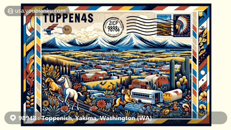 Modern illustration of Toppenish, Yakima County, Washington, showcasing postal theme with ZIP code 98948, featuring Yakama Nation Cultural Center, city murals, and agricultural landscape.