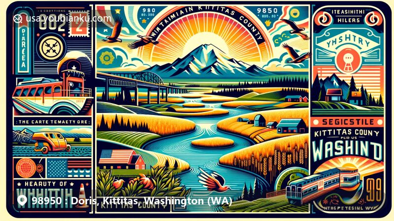 Modern illustration of Doris, Kittitas County, Washington, featuring 98950 zipcode area with Cascade Mountains, Yakima River, and Ginkgo Petrified Forest, showcasing rich agricultural history and tech industry influence.